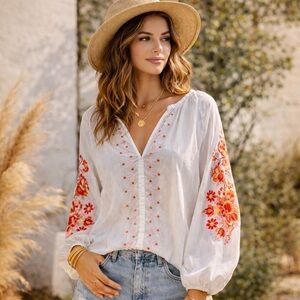 Roller Rabbit Pale Peach Embroidered Boho Cotton Blouse Size L